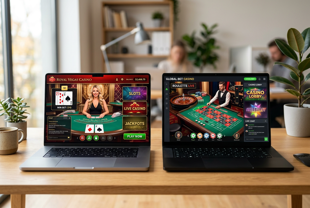 Two laptops side-by-side comparing different casino platforms.