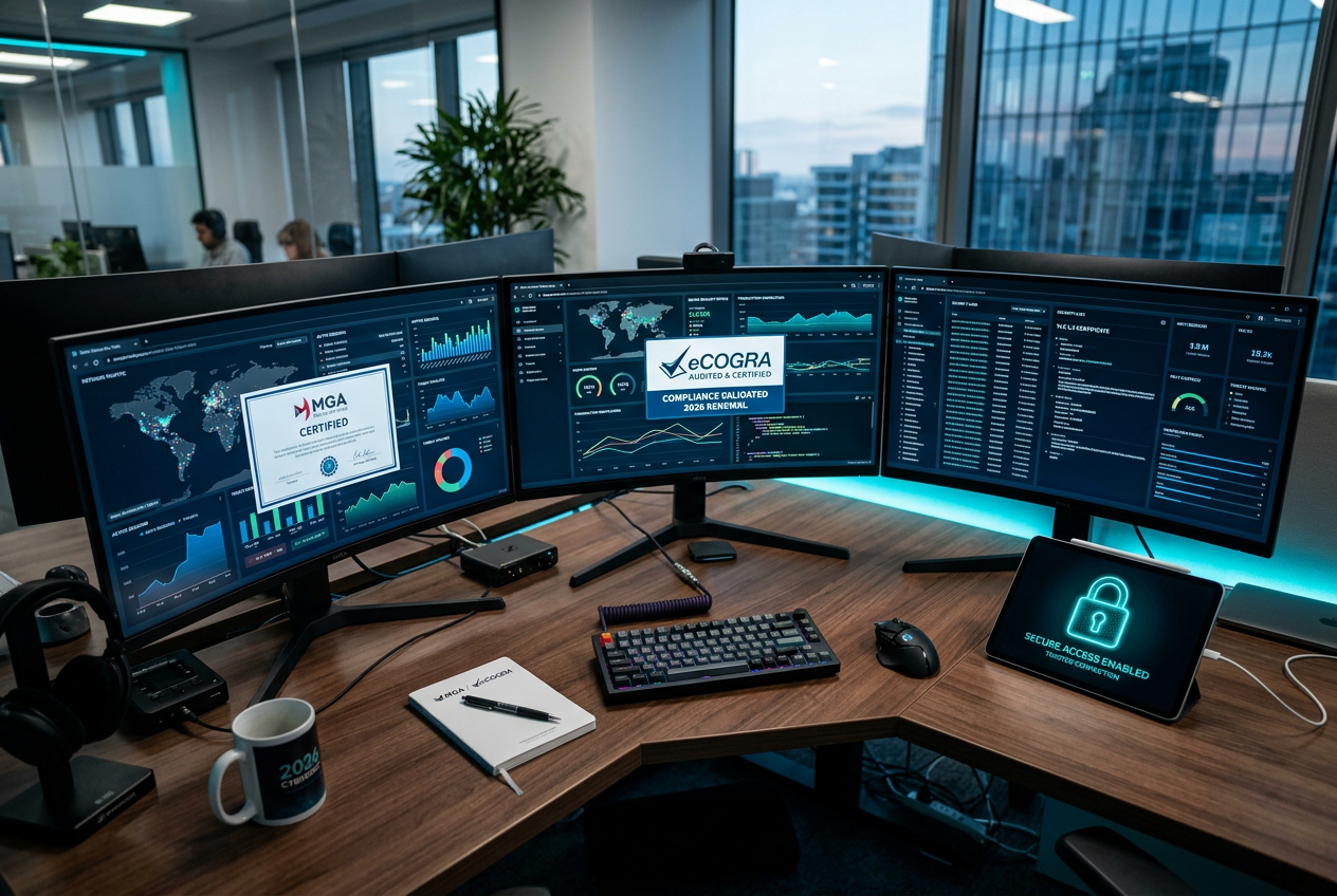 Professional analyst reviewing casino security certificates on multiple screens