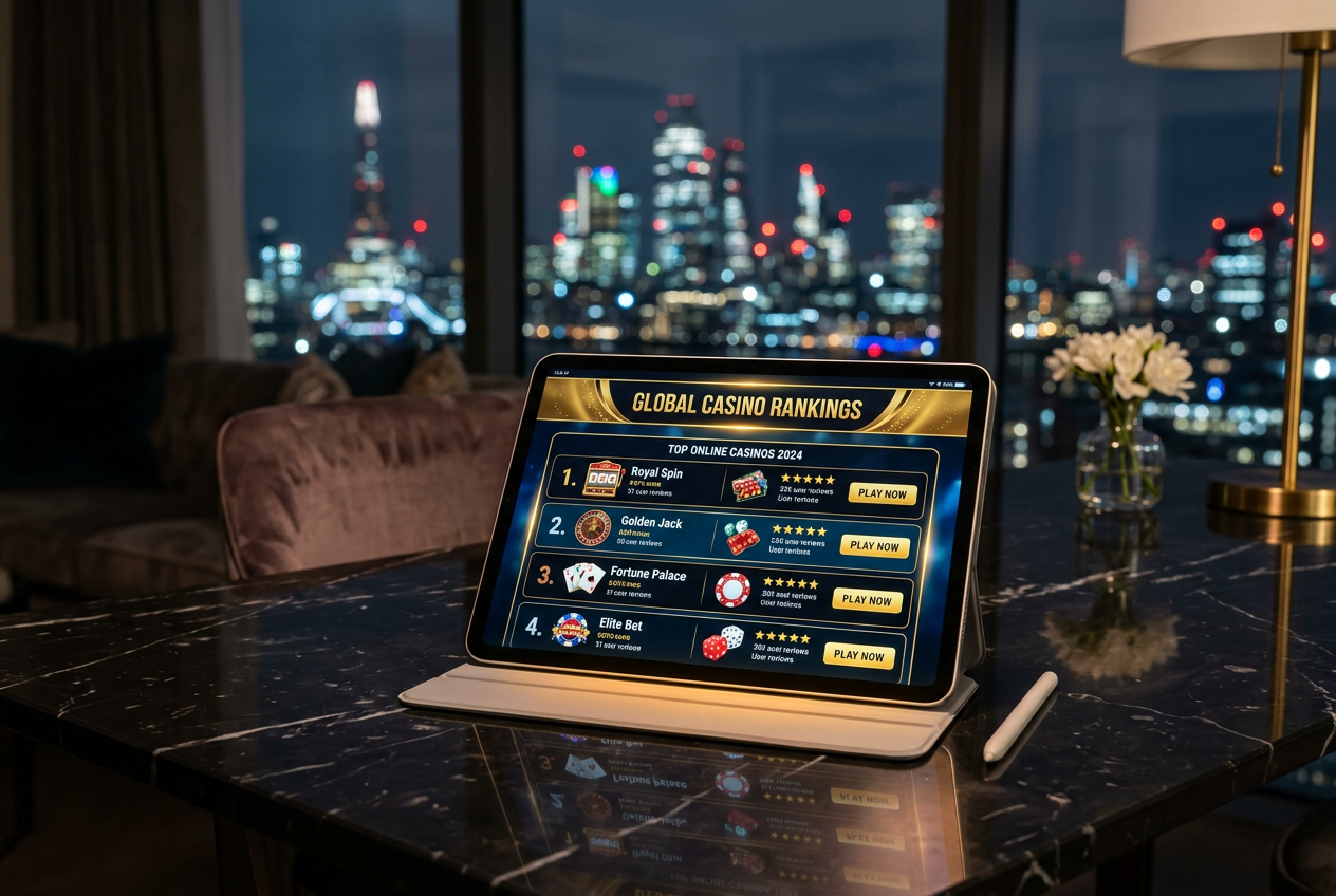 Luksusowy tablet wyświetlający ranking kasyn online na eleganckim biurku.